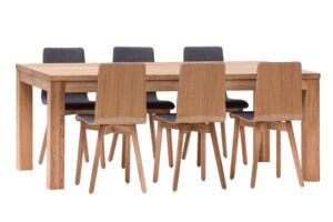 Die Essgruppe für 6 Personen Korund-Luka ist die perfekte Kombination aus modernem Stil und traditioneller handwerklicher Präzision.