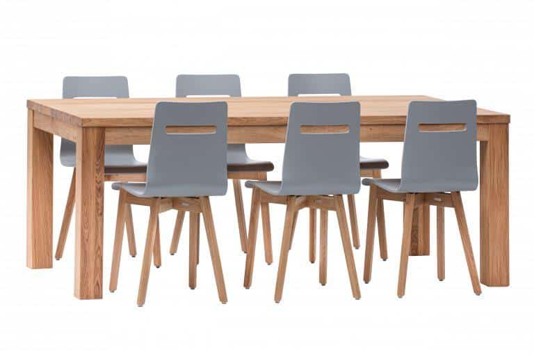 Das Korund-Mia Lam Esstischset aus Eiche ist das Ergebnis außergewöhnlicher Kunst und Handwerkskunst und bringt die Schönheit der Natur und Eleganz in Ihr Zuhause.