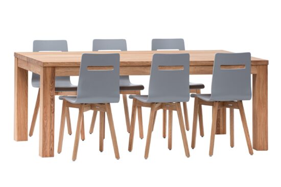 Das Korund-Mia Lam Esstischset aus Eiche ist das Ergebnis außergewöhnlicher Kunst und Handwerkskunst und bringt die Schönheit der Natur und Eleganz in Ihr Zuhause.
