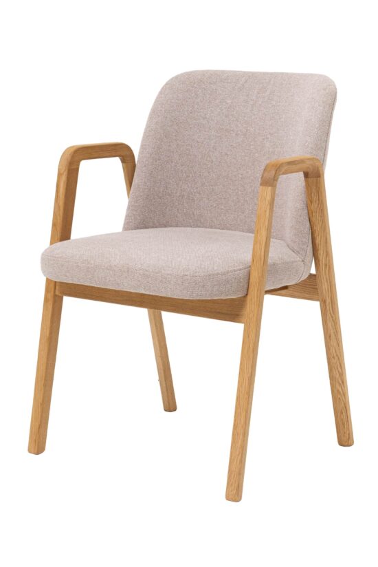 Der Eichenstuhl Chill mit Armlehnen und beigener Polsterung ist ideal für Büroräume, Esszimmer, Cafés und Restaurants, wo Sie seine Praktikabilität und seinen Stil schätzen werden. Die ergonomische Form und die weiche Polsterung sorgen für maximalen Komfort auch bei längerem Sitzen.