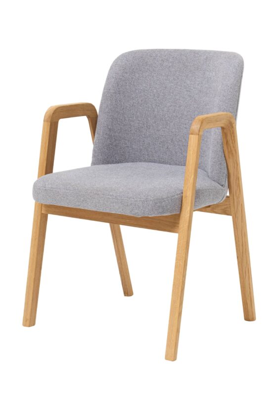 Der Eichenstuhl mit Armlehnen und grauer Polsterung ist ideal für Büroräume, Esszimmer, Cafés und Restaurants, wo Sie seine Praktikabilität und seinen Stil schätzen werden. Die ergonomische Form und die weiche Polsterung sorgen für maximalen Komfort auch bei längerem Sitzen.