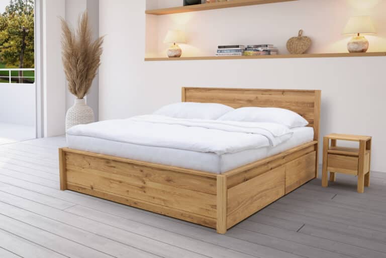 Doppelbett Sandra, gefertigt aus massiver Eiche mit praktischem Stauraum. Die ideale Wahl für Familien, die ein hochwertiges und funktionales Eichenbett suchen. Kaufen Sie noch heute und verbessern Sie Ihren Schlafkomfort!