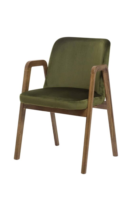 Der Eichenstuhl Chill mit Armlehnen und grüner Polsterung ist ideal für Büroräume, Esszimmer, Cafés und Restaurants, in denen Sie seine Praktikabilität und seinen Stil schätzen werden. Die ergonomische Form und die weiche Polsterung sorgen für maximalen Komfort auch bei längerem Sitzen.