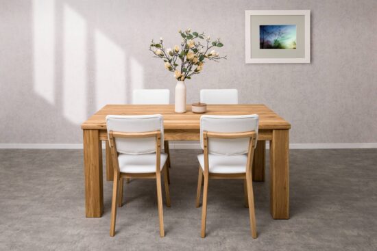 Das Florence-Tallin Esszimmer-Set aus Eiche vereint zeitlose Eleganz, unübertroffene Qualität und maximale Funktionalität.