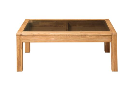 Der Couchtisch Stockholm aus massivem Eichenholz besticht durch zeitloses Design, das Eleganz mit versteckter Praktikabilität vereint. Die Kombination aus Naturholz, Glasplatte und Stauraum macht ihn zu einem markanten und funktionalen Element jedes modernen Interieurs.