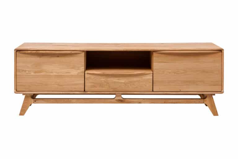 TV-Kommode Bara aus Holz - elegante, massive Eiche, praktische Soft-Close-Schublade, offene Einlegeböden und verstellbarer Stauraum. Elegantes Design mit abgerundeten Ecken und einfacher Pflege, Teil der Bara Kollektion.