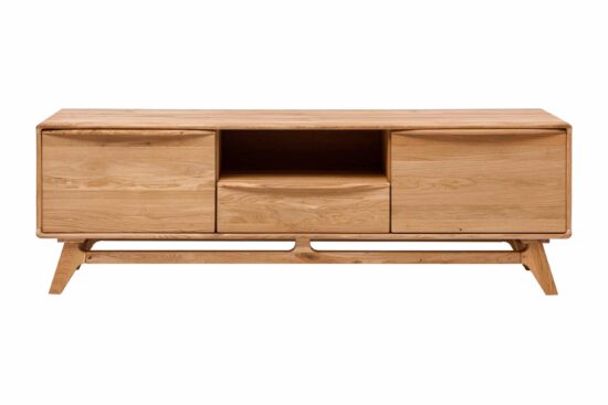 TV-Kommode Bara aus Holz - elegante, massive Eiche, praktische Soft-Close-Schublade, offene Einlegeböden und verstellbarer Stauraum. Elegantes Design mit abgerundeten Ecken und einfacher Pflege, Teil der Bara Kollektion.