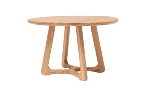 Ein eleganter runder Tisch aus massiver Eiche, der natürliche Schönheit, modernes Design und ehrliche Handwerkskunst vereint. Dank der stabilen, geformten Beine und der hochwertigen Ölbehandlung wird er zum Mittelpunkt jedes Esszimmers, Wohnzimmers oder Arbeitszimmers.