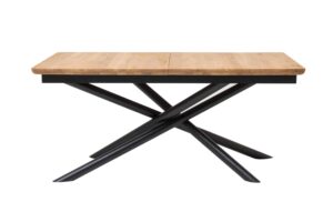 Der ausziehbare Esstisch Traun verbindet die natürliche Eleganz massiver Eiche mit dem modernen Design von Metallbeinen. Dank des versteckten Ausziehmechanismus und der Zusatzplatte, die den Tisch um 80 cm verlängert, gewinnen Sie in wenigen Sekunden zusätzlichen Platz.