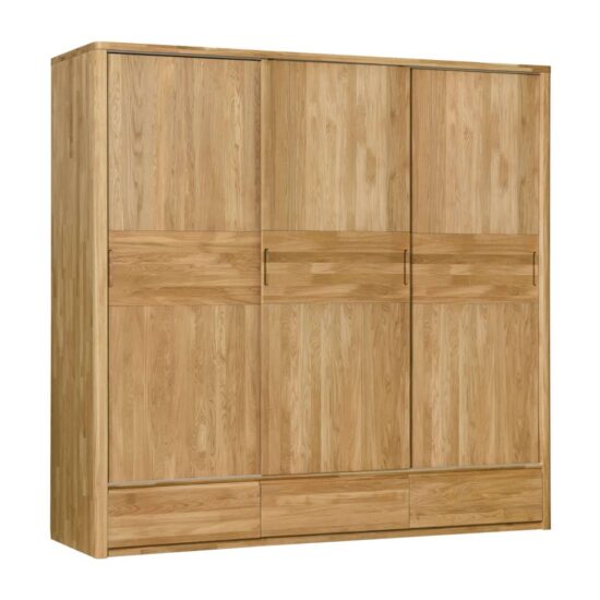 Der Massivholzschrank Lausanne 3 mit drei Schiebetüren wertet nicht nur das Aussehen Ihres Schlafzimmers auf, sondern wird Ihnen auch viele Jahre lang dienen. Er besticht durch die natürliche Holzmaserung und das zeitlose Design. Das praktisch gestaltete Innere bietet eine Kombination aus Fachböden, Kleiderstange und zwei Schubladen, sodass Sie alle Dinge übersichtlich geordnet und immer griffbereit haben.