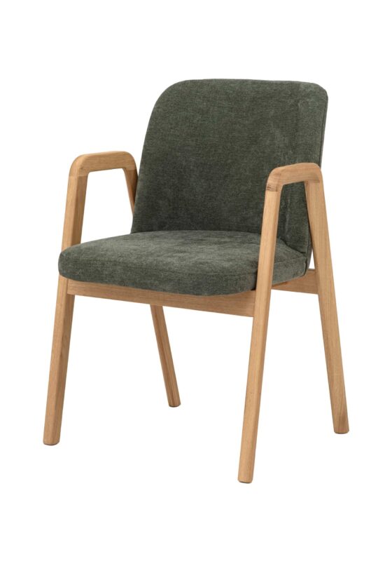 Der Eichenstuhl Chill eignet sich nicht nur für den Esstisch, sondern auch für das Arbeitszimmer, das Büro oder stilvolle gewerbliche Räume. Massives Eichenholz garantiert eine lange Lebensdauer, die hochwertige grüne Polsterung ein angenehmes Sitzerlebnis und die Armlehnen bieten noch mehr Komfort beim Aufstehen und Sitzen.