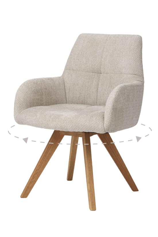 Der stilvolle Drehsessel Amber vereint die natürliche Schönheit von massivem Eichenholz mit einer eleganten Polsterung in hellem Beige. Er bietet außergewöhnlichen Komfort, praktisches seitliches Drehen und eine automatische Rückstellung des Sitzkissens in seine ursprüngliche Position. Eine ausgezeichnete Wahl sowohl für moderne als auch für klassisch eingerichtete Interieurs.