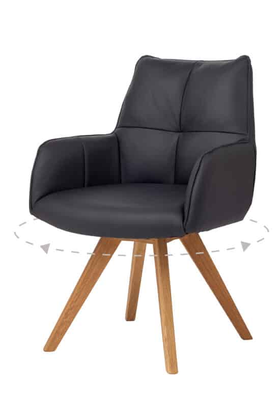 Der drehbare Sessel Amber aus Eiche kombiniert die Festigkeit von massivem Eichenholz mit einem eleganten Bezug aus schwarzem Kunstleder, der sich angenehm anfühlt und leicht zu reinigen ist. Dank des teilweise drehbaren Mechanismus können Sie bequem die optimale Sitzposition einstellen. Die ideale Wahl für ein modernes Zuhause und einen Arbeitsbereich, in dem sowohl Design als auch Funktionalität zur Geltung kommen.