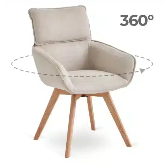 Der drehbare Eichensessel Dias beige stellt eine perfekte Verbindung von modernem Design, hochwertigen Materialien und hohem Komfort dar. Massives Eichenholz, angenehme Polsterung und die praktische Drehfunktion schaffen ein elegantes und komfortables Möbelstück, das über viele Jahre hinweg eine Zierde für jedes Interieur sein wird.