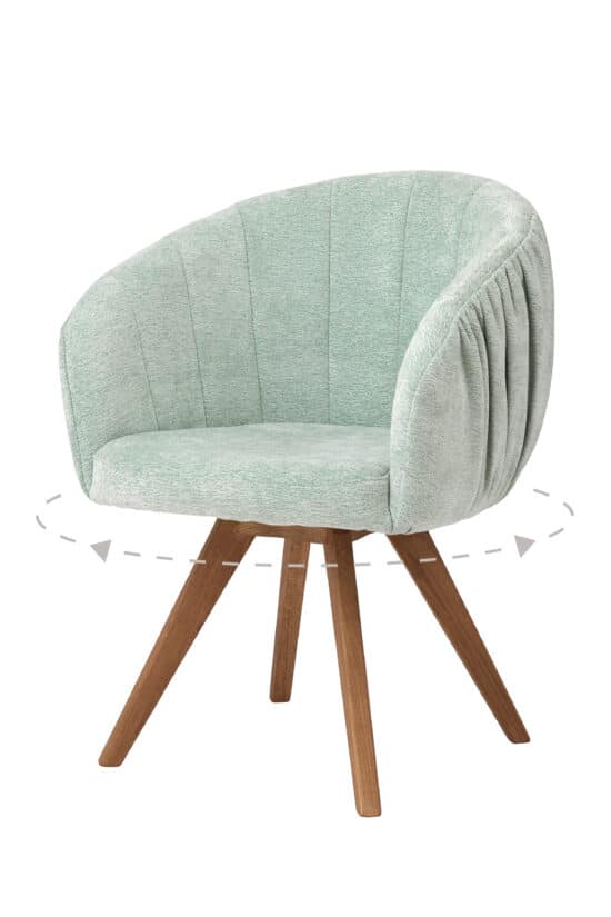 Der Eichen-Sessel Elba mintgrün verbindet natürliches, massives Eichenholz mit einer feinen, frischen Polsterung in Mintgrün. Er bietet hohen Sitzkomfort, einen eleganten Drehmechanismus mit Rückkehr in die Ausgangsposition und ein zeitloses Design. Er ergänzt hervorragend moderne und naturnahe Interieurs.