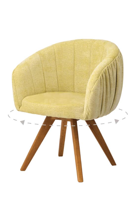 Der stilvolle Drehsessel Elba kombiniert die natürliche Schönheit von massivem Eichenholz mit einer eleganten gelben Polsterung, die dem Interieur Frische und positive Energie verleiht. Er bietet außergewöhnlichen Komfort, praktisches seitliches Drehen und eine automatische Rückstellung des Sitzkissens in seine ursprüngliche Position. Er ist die ideale Wahl für moderne und klassische Interieurs, wo er zu einem markanten und dennoch harmonischen Element wird.