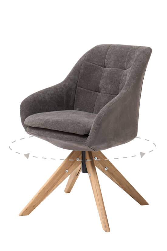 Der Drehsessel Hugo in grau vereint maximalen Komfort mit modernem Design. Weiche Polsterung, angenehmer Stoff und massive Eichenbeine machen ihn zu einer stilvollen und praktischen Ergänzung für jedes Interieur.