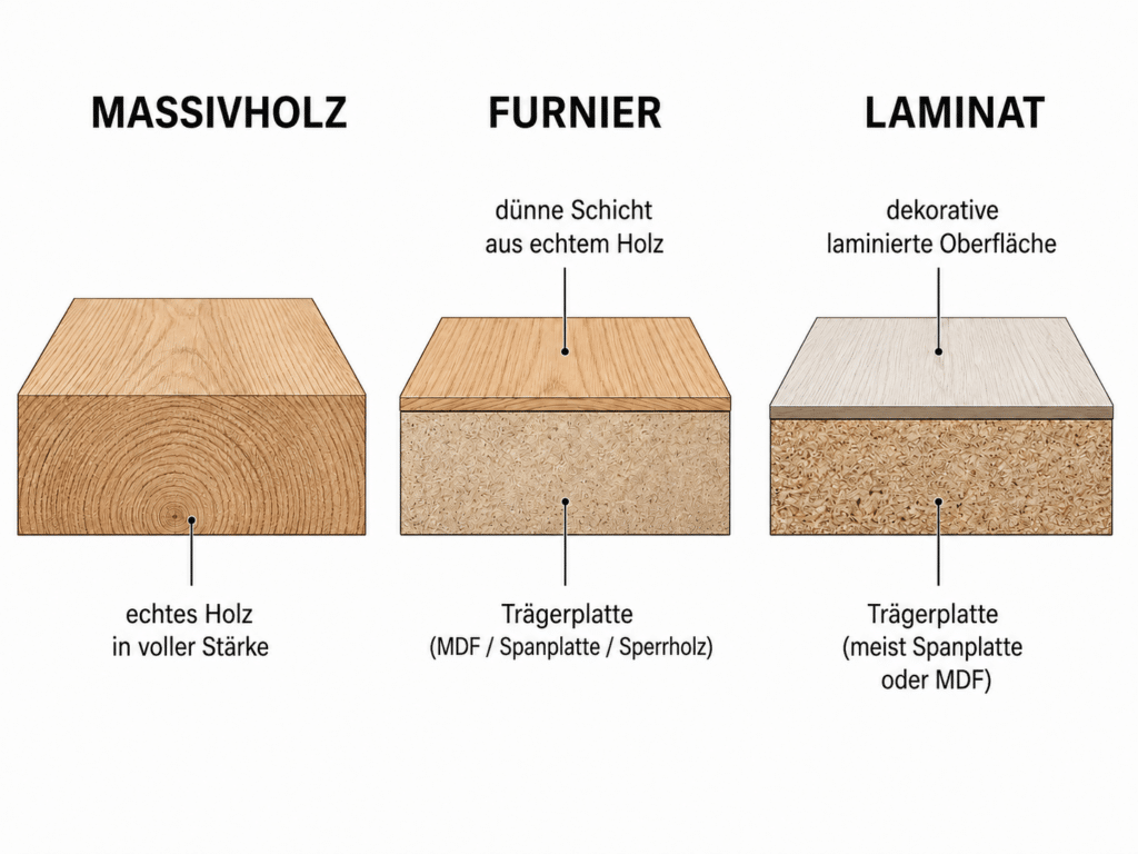 Vergleich von drei Materialien im Querschnitt: Massivholz (Vollholz), Furnier (Holz auf Trägermaterial) und Laminat (Spanplatte mit Laminatschicht)