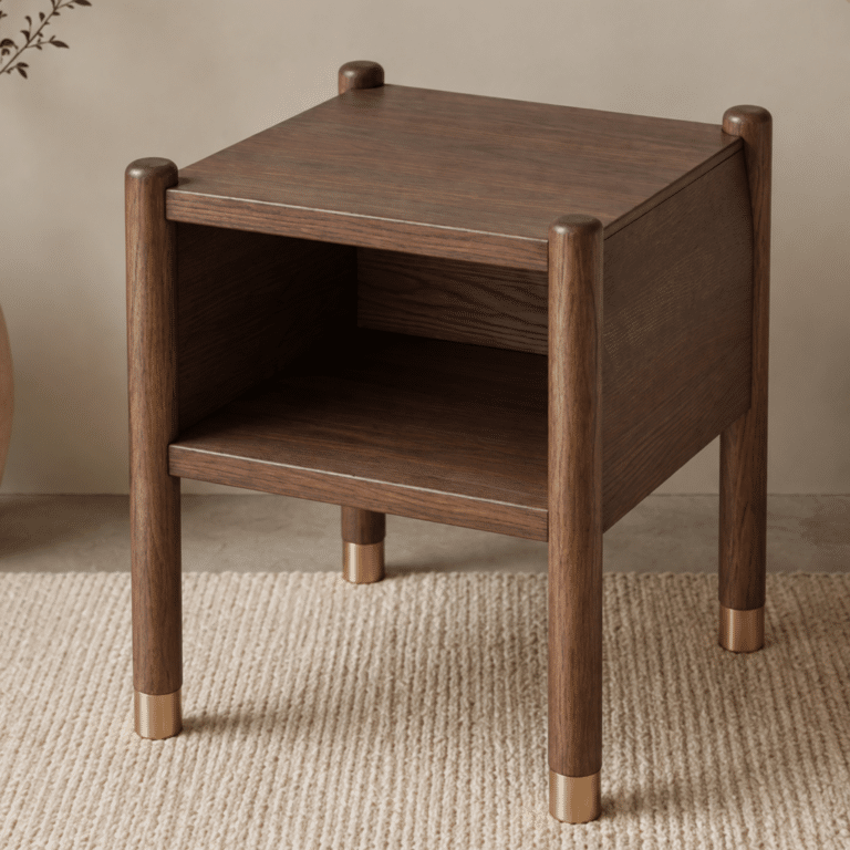 Der Nachttisch Walora im Nussbaum-Dekor bringt Harmonie aus Massivholz und eleganten goldenen Akzenten in Ihr Interieur. Jedes Detail, von der markanten Eschenmaserung bis hin zu den abgerundeten Beinen mit goldenen Enden, unterstreicht seinen individuellen Charakter. Die ideale Wahl für ein gemütliches und stilvolles Schlafzimmer.