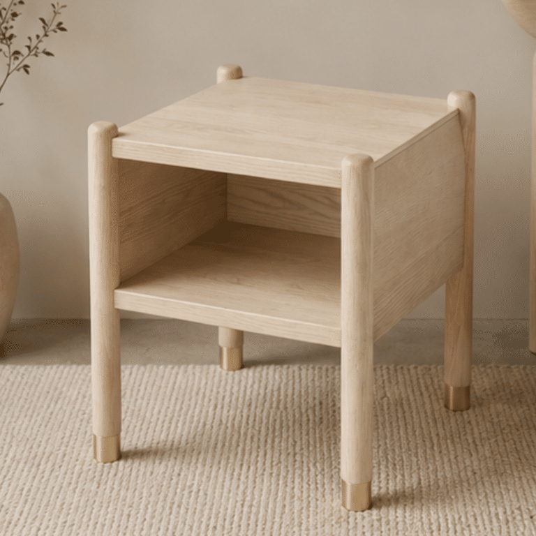 Walora natural bringt die Harmonie von Massivholz und eleganten goldenen Akzenten in Ihr Interieur, wobei jedes Detail, von der markanten Eschenmaserung bis hin zu den abgerundeten Beinen mit goldenen Enden, seinen besonderen Charakter unterstreicht und ihn zur idealen Wahl für ein gemütliches und stilvolles Schlafzimmer macht.