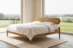 Massive Esche im Eiche-Farbton, sanfte Linien, abgerundete Details und ein dezenter goldener Akzent bilden ein elegantes Ensemble, das eine warme, natürliche und zeitlose Atmosphäre in Ihr Schlafzimmer zaubert.