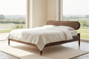 Massive Esche im Nussbaumton, sanfte Linien, abgerundete Details und ein dezenter goldener Akzent verschmelzen zu einem eleganten Ganzen, das eine warme, natürliche und zeitlose Atmosphäre in Ihr Schlafzimmer zaubert.