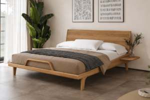 Ein modernes Massivholzbett aus Eschenholz im eleganten Eichenton, das mit einem hohen Kopfteil, einem stilvollen Holzrahmen und einem originellen Design-Detail besticht. Der warme Eichenton bringt die natürliche Maserung der Esche zur Geltung, während sanft abgerundete Linien und die luftige Konstruktion für ein leichtes, zeitloses Erscheinungsbild sorgen.